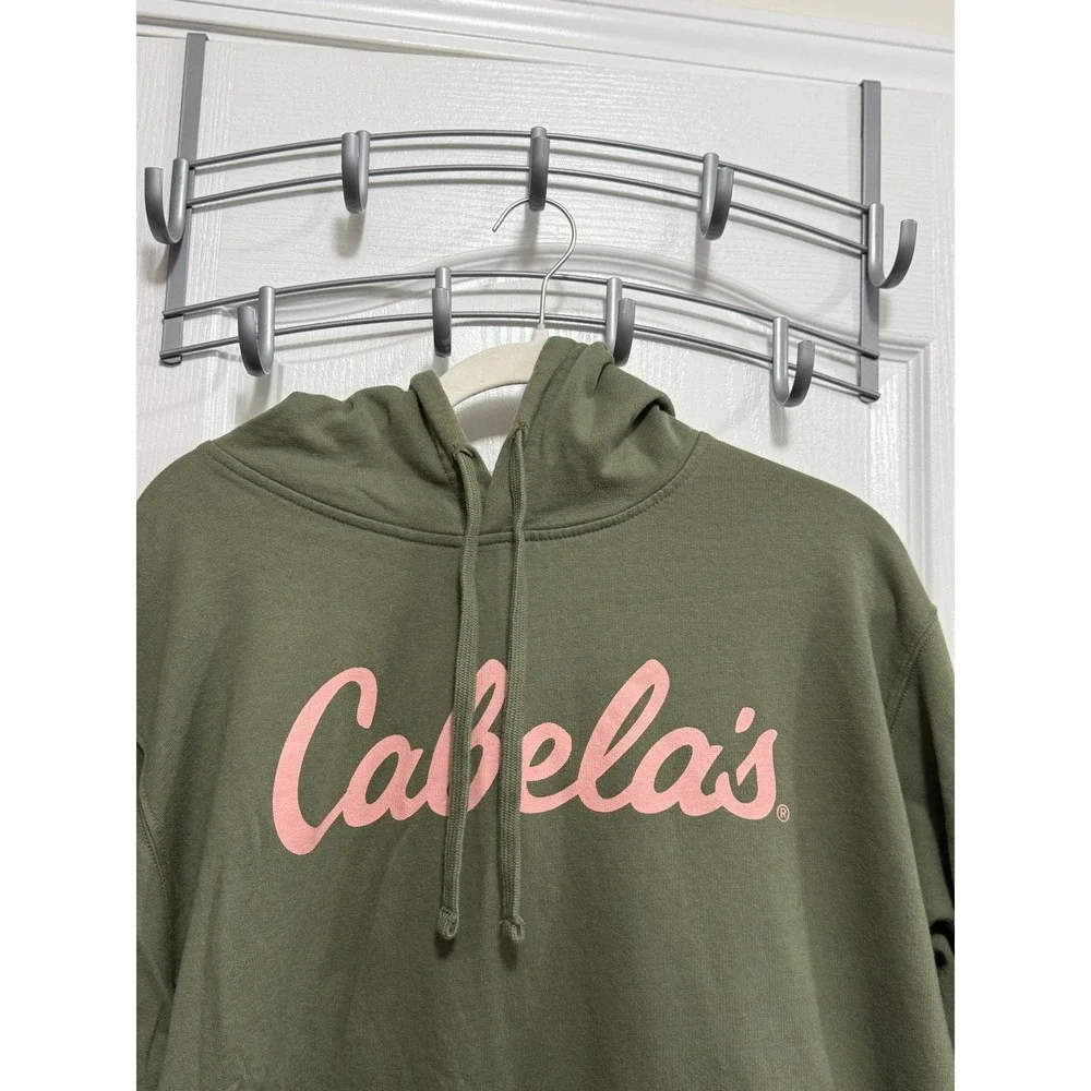 Cabela's Mens 2XL Olive Green Pullover Hoodie Pink Script Logo Fleece Sweatshirt